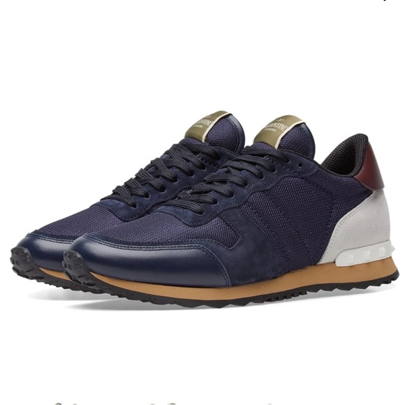 Valentino Garavani Navy Blue Off-White & Burgundy Rockrunners Size 44 or 11 - Picture 2 of 12